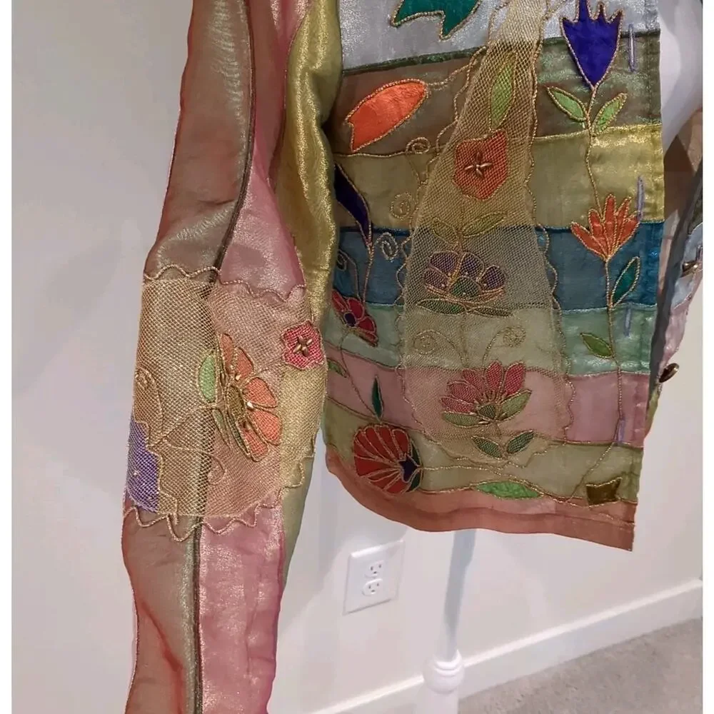 Sandy Starkman Womens S Sheer Colorful Boho Embroidered Floral Appliqué Jacket